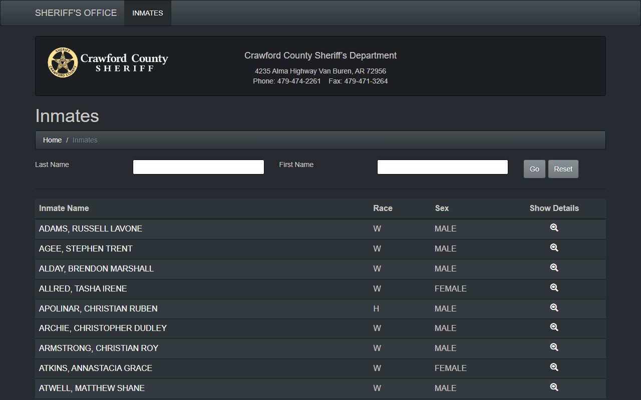Crawford County inmate search portal for jail mugshots lookup