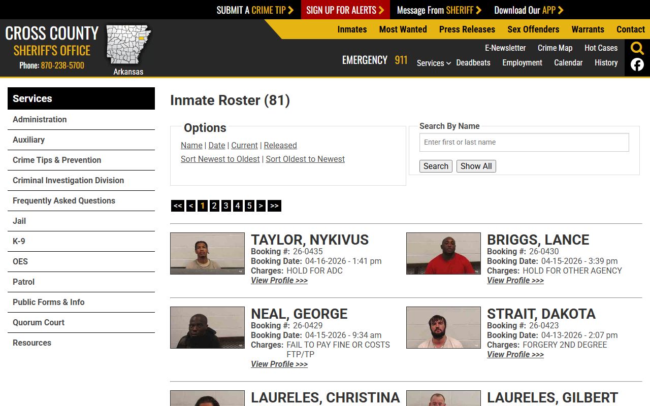 Cross County inmate roster page for jail mugshots and booking photos