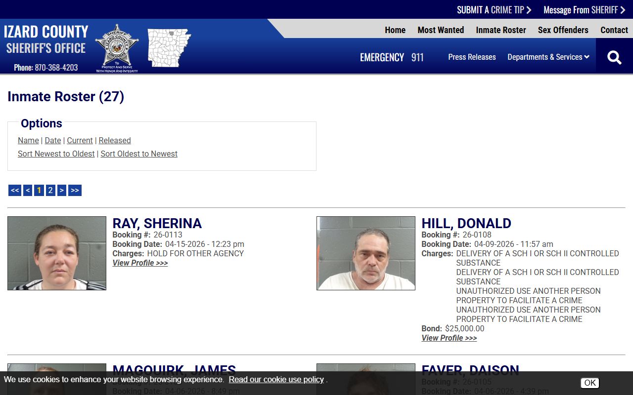 Izard County Roster page for jail mugshots and inmate search