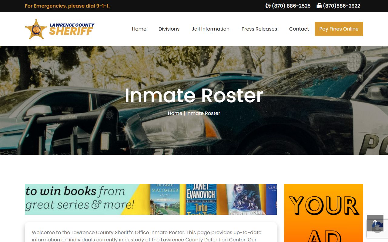 Lawrence County inmate roster page with jail mugshots and booking data