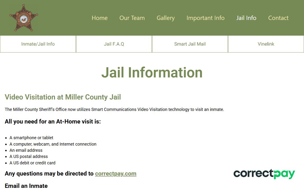 Miller County Jail Info page for jail mugshots and inmate services
