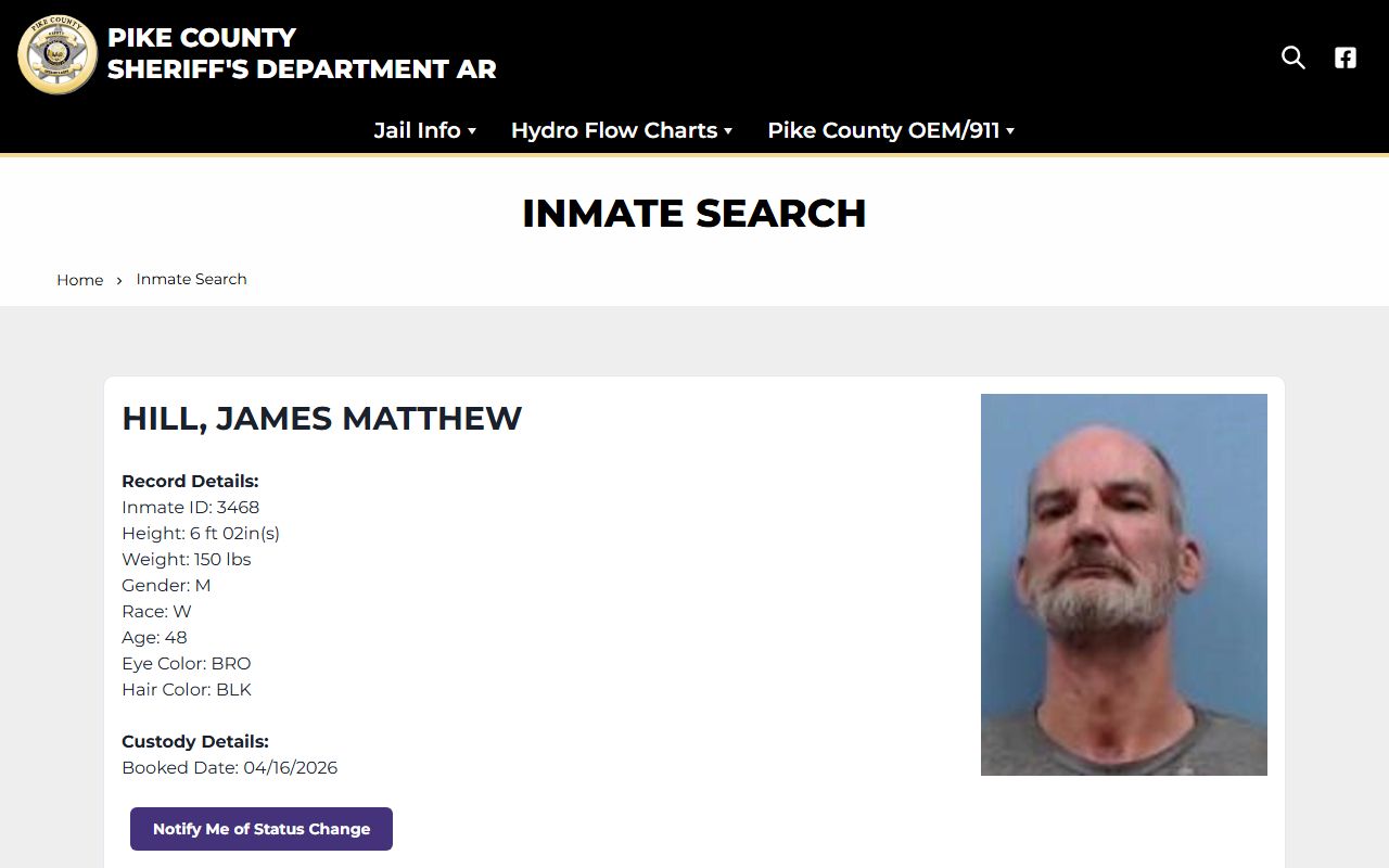 Pike County inmate search page for jail mugshots and booking dates