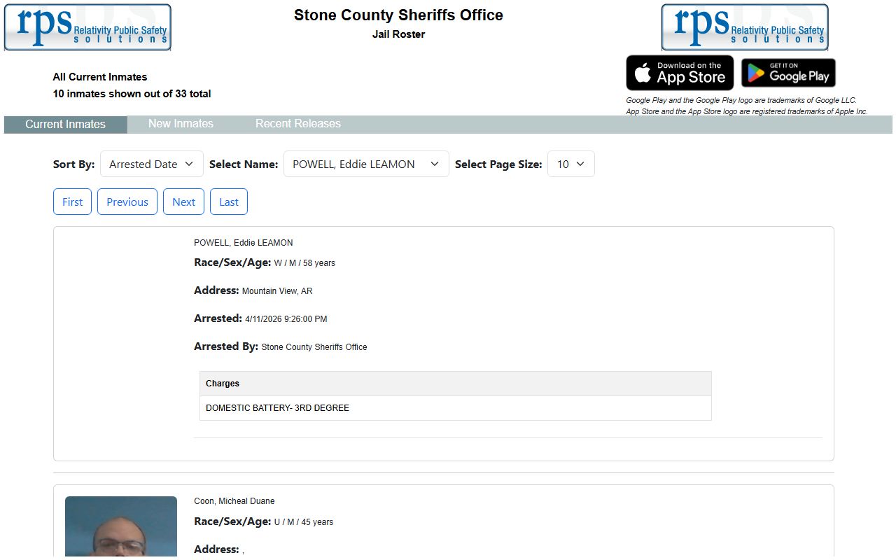 Stone County MyR2M inmate roster page for Stone County jail mugshots