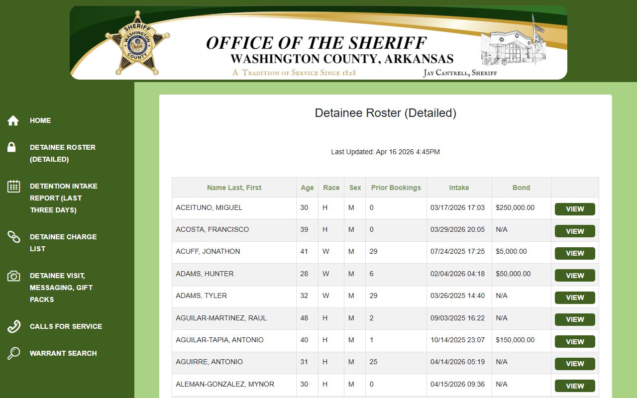 Washington County Detainee Alpha Roster page for jail mugshots and inmate lookup
