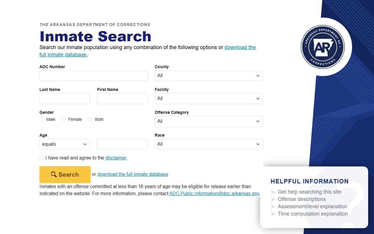Arkansas Department of Correction inmate search page with jail mugshots filter